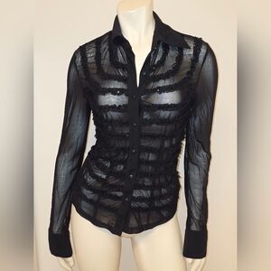 TAGLIA42 Black Sheer Ruffle-Trim Button-Up Blouse
